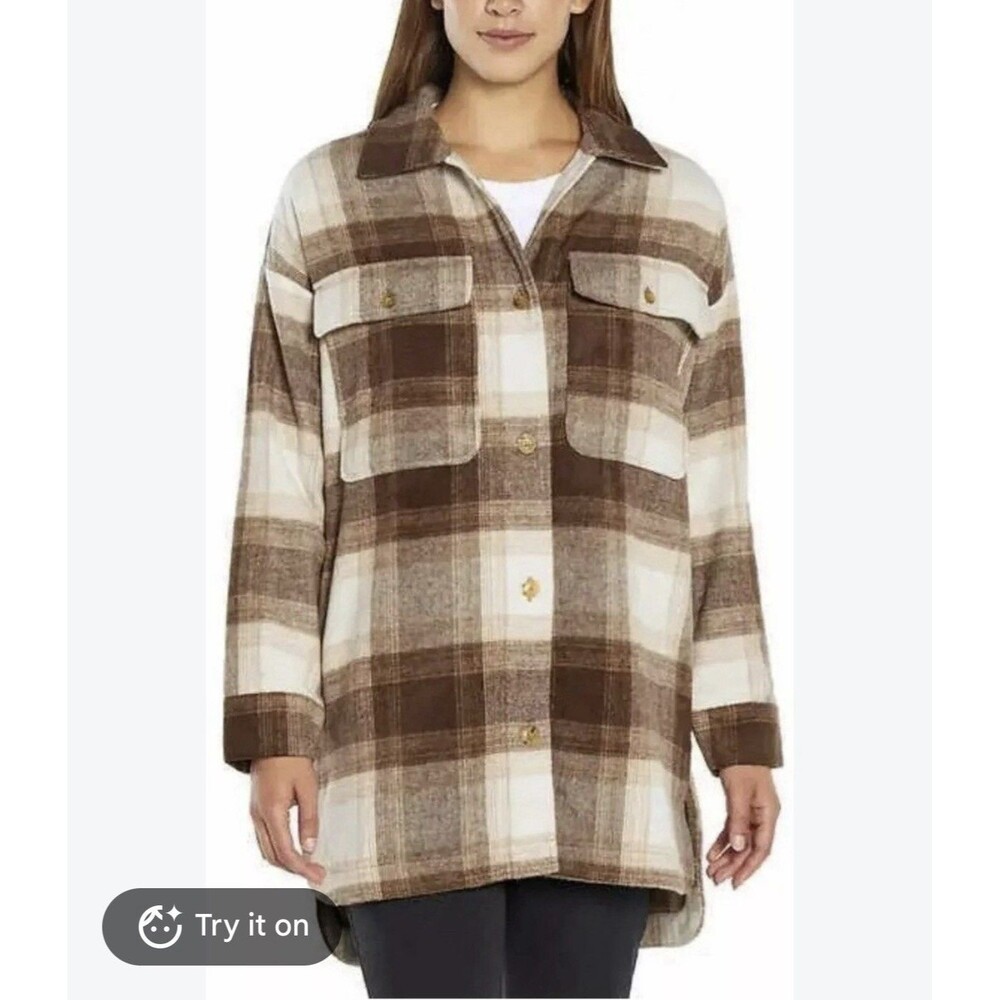 Banana Republic Women's XS Brushed Flannel Shirt Jacket Shacket Brown Plaid Fall